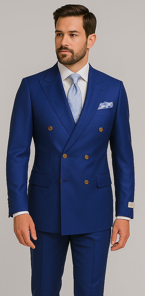 Rossiman Men's Slim Fit Royal Blue Suit ƒ?? Double-Breasted Elegance