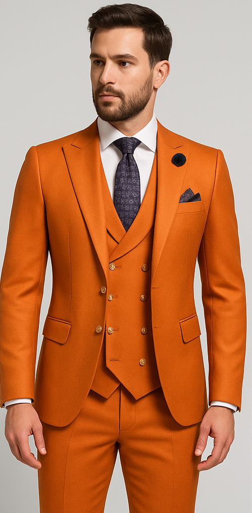 Rossiman Men's Rust Slim Fit Suit ?? 3-Piece Set with Double-Breasted Vest & Flat Front Pants
