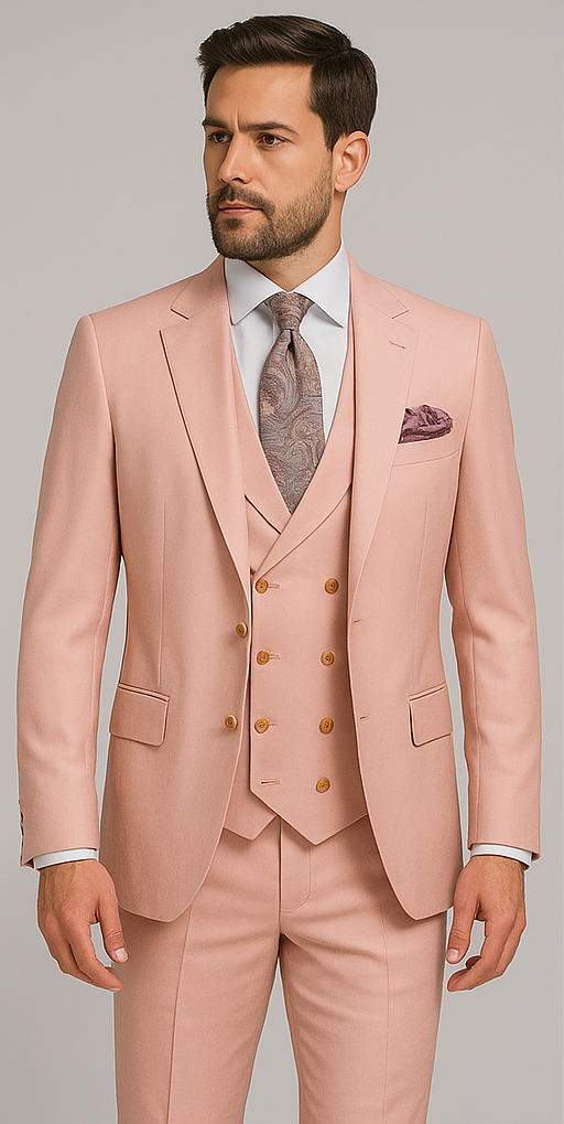 Rossiman Men's Slim Fit Pink Suit ?? Elegant Double-Breasted Vest & Tailored Flat Front Pants