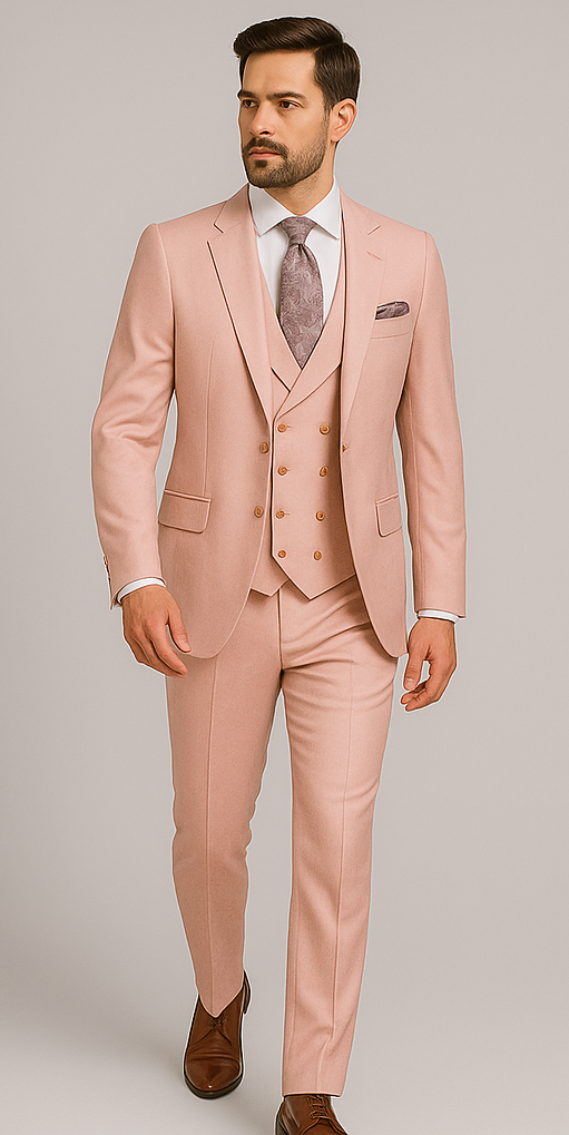 Rossiman Men's Slim Fit Pink Suit ?? Elegant Double-Breasted Vest & Tailored Flat Front Pants