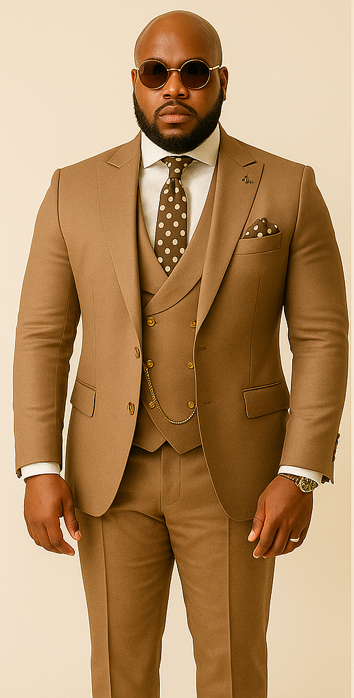 Rossiman Men??s Tan Suit ?? Gold Buttons & Double-Breasted Vest Elegance