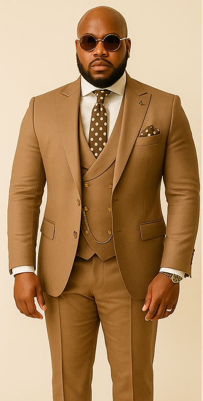 Rossiman Men??s Tan Suit ?? Gold Buttons & Double-Breasted Vest Elegance