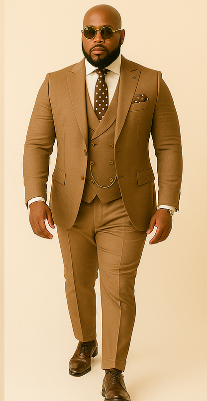 Rossiman Men??s Tan Suit ?? Gold Buttons & Double-Breasted Vest Elegance