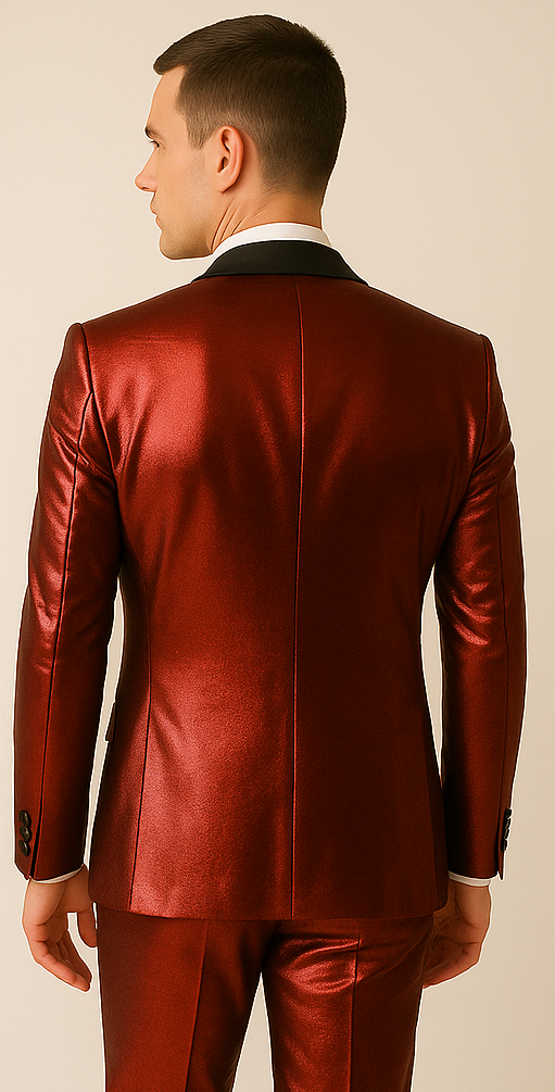 Rossiman Men??s Red Sateen Suit ?? Glossy Finish Bold Formalwear