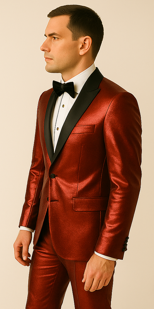 Rossiman Men??s Red Sateen Suit ?? Glossy Finish Bold Formalwear