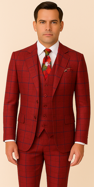 Rossiman Suit ?? Red & Blue Plaid Windowpane Double-Breasted Suit for Men