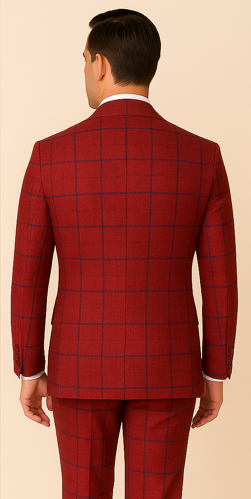 Rossiman Suit ?? Red & Blue Plaid Windowpane Double-Breasted Suit for Men