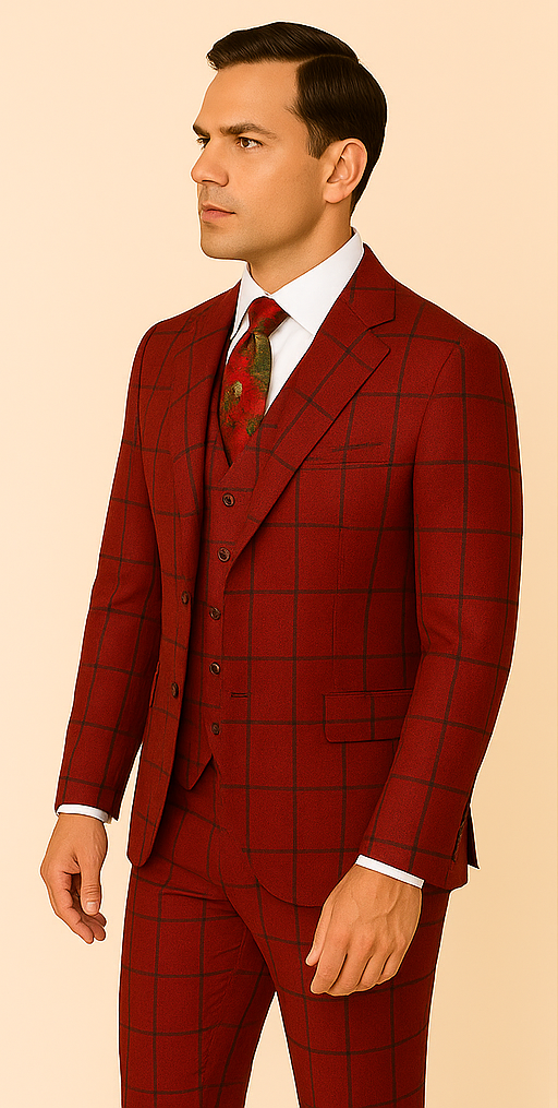 Rossiman Suit ?? Red & Blue Plaid Windowpane Double-Breasted Suit for Men