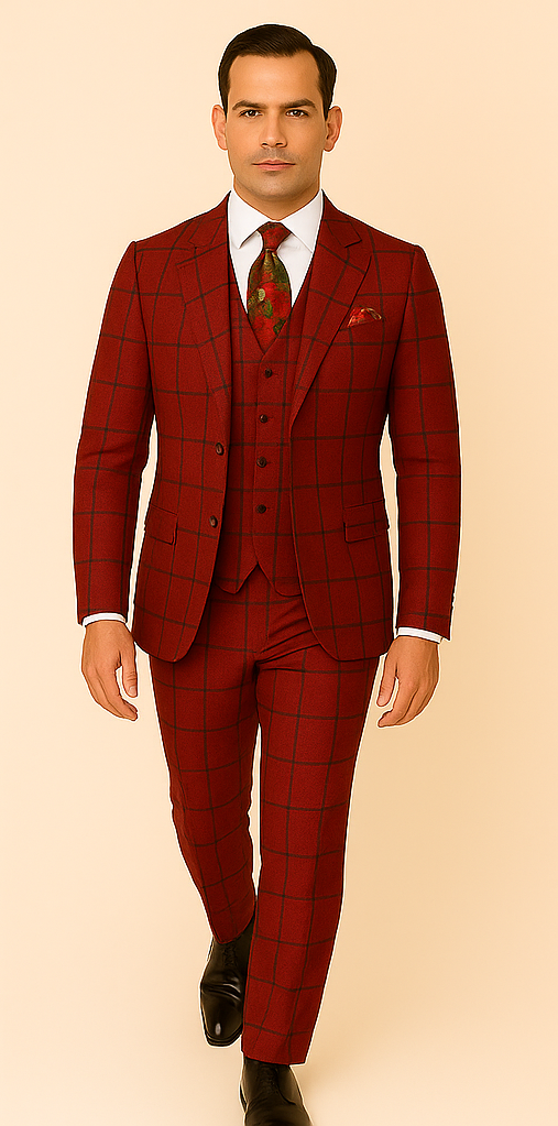 Rossiman Suit ?? Red & Blue Plaid Windowpane Double-Breasted Suit for Men
