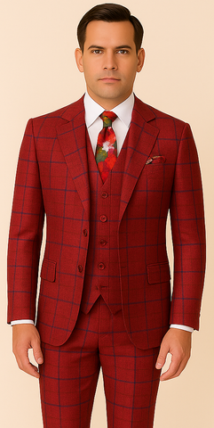 Rossiman Suit ƒ?? Red & Blue Plaid Windowpane Double-Breasted Suit for Men
