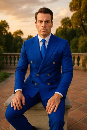 Mens Royal Blue Double-Breasted Suit with Gold Buttons  Slim Fit Formal 2-Piece Set