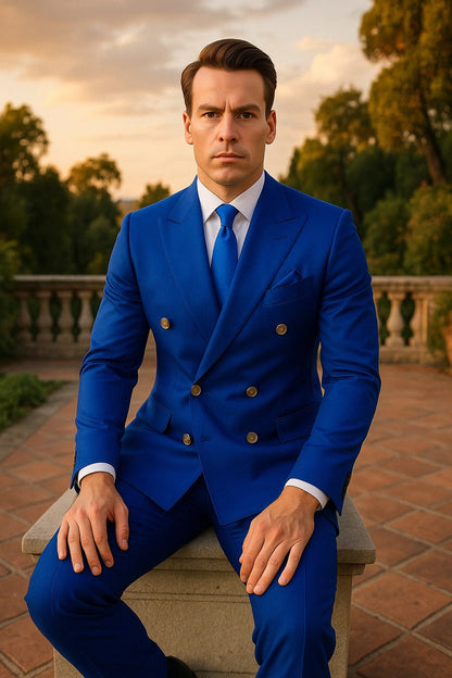 Mens Royal Blue Double-Breasted Suit with Gold Buttons  Slim Fit Formal 2-Piece Set