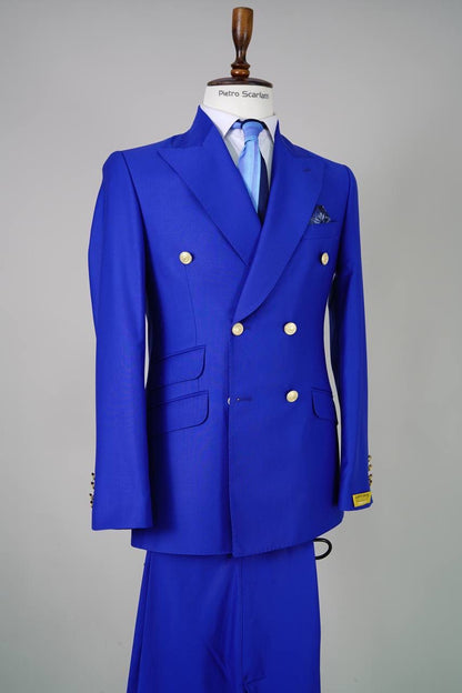 Mens Royal Blue Double-Breasted Suit with Gold Buttons  Slim Fit Formal 2-Piece Set