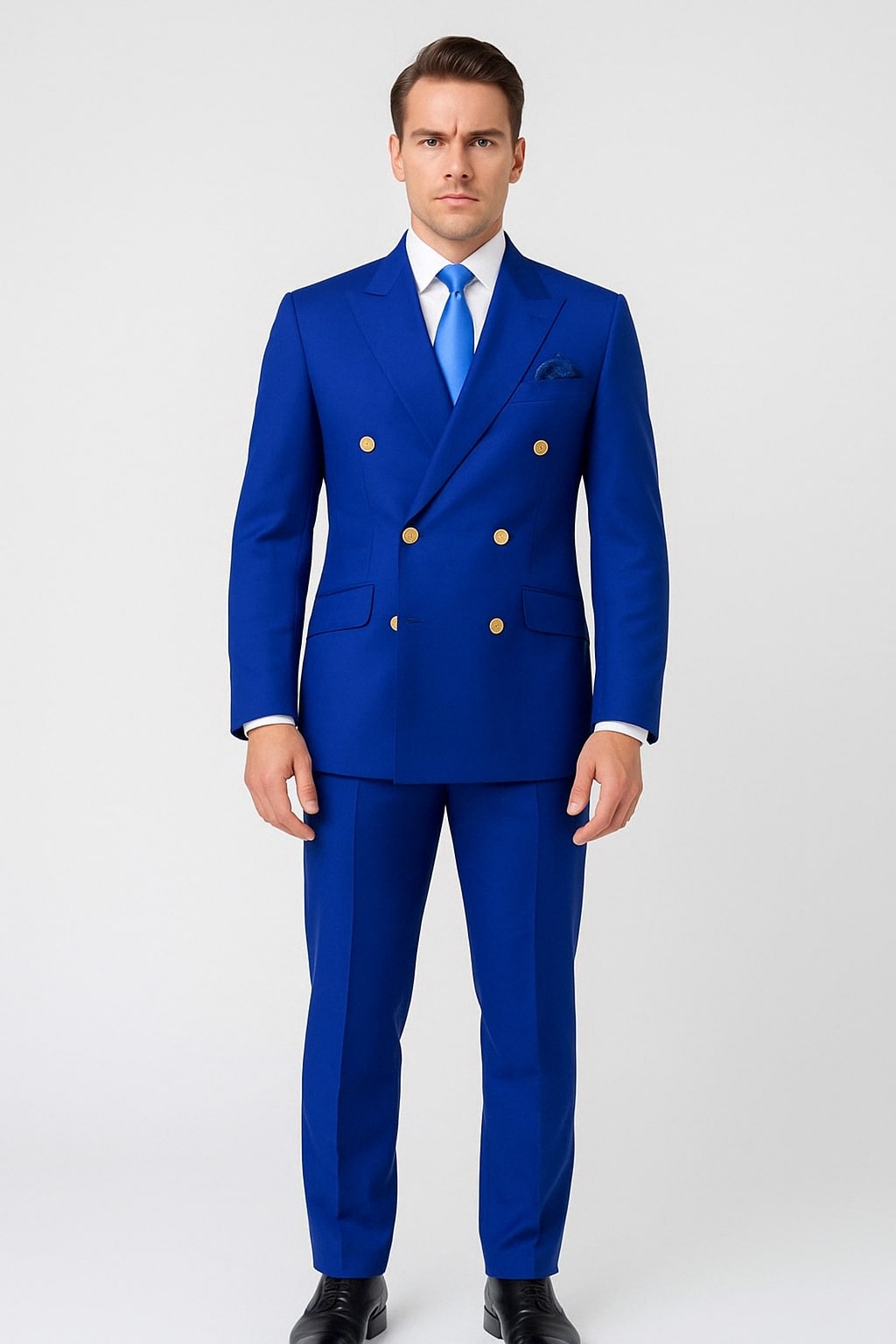 Mens Royal Blue Double-Breasted Suit with Gold Buttons  Slim Fit Formal 2-Piece Set