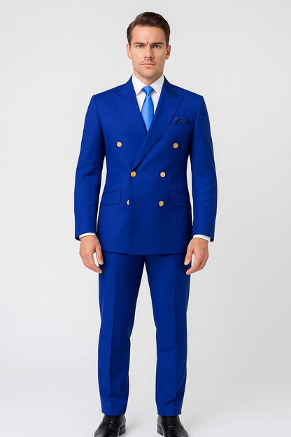Mens Royal Blue Double-Breasted Suit with Gold Buttons  Slim Fit Formal 2-Piece Set