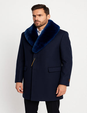 Mens Navy Wool Overcoat with Royal Blue Faux Fur Shawl Collar Cashmere Carcoat