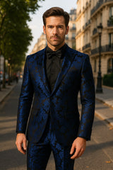 mens-royal-blue-metallic-floral-suit-black-background-two-piece-tuxedo-set