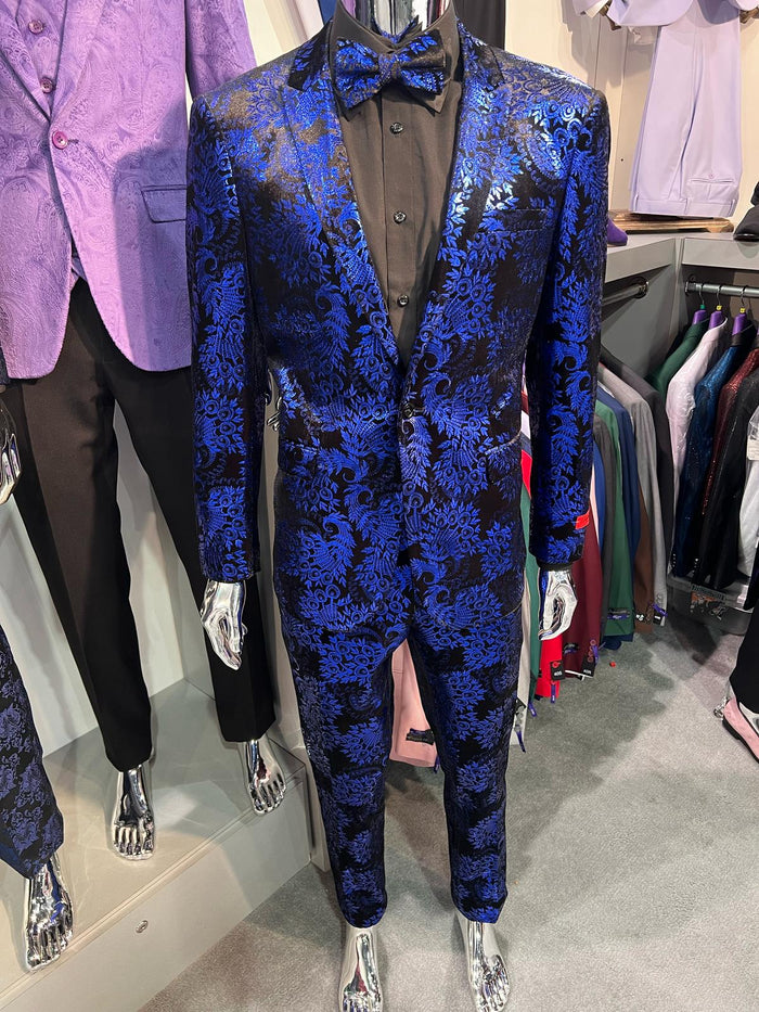Mens Royal Blue Metallic Floral Suit  Black Background Two Piece Tuxedo Set