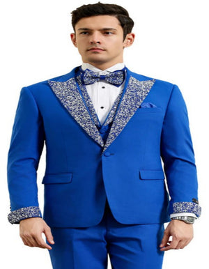 Royal Blue Prom Tuxedo - Perfect Wedding Suit Vested Rhinestone sequin Lapelled