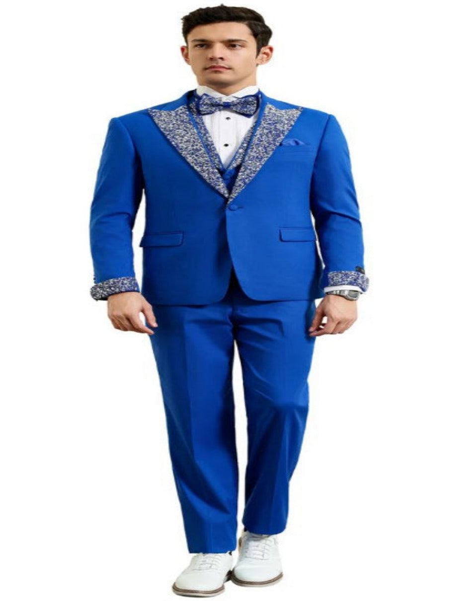Royal Blue Prom Tuxedo - Perfect Wedding Suit Vested Rhinestone sequin Lapelled