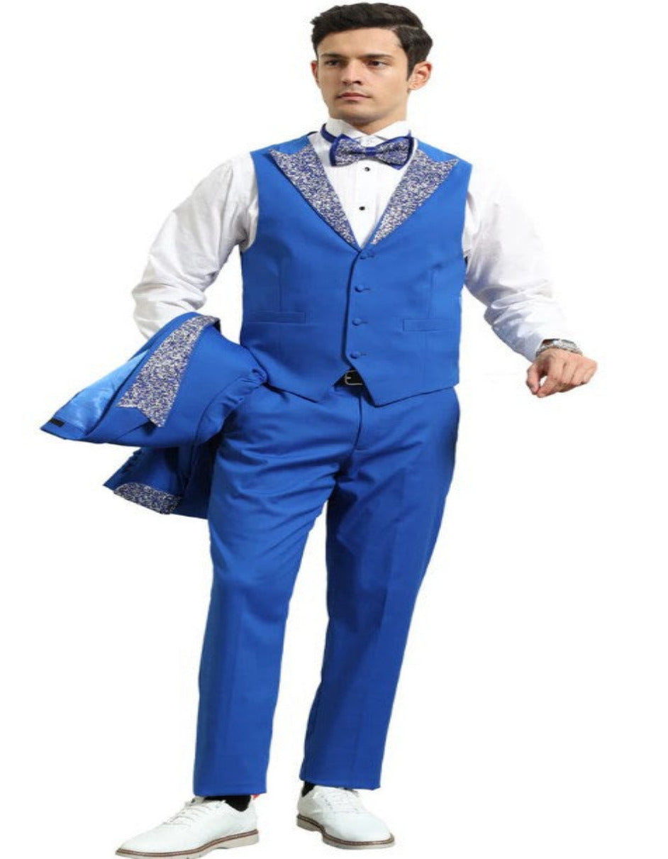 Royal and White Prom Tuxedo - Perfect Wedding Suit Vested rhinestone sequin Lapelled
