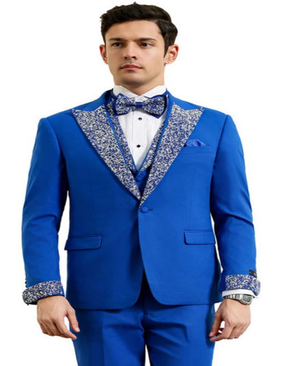 Royal and White Prom Tuxedo - Perfect Wedding Suit Vested rhinestone Lapelled