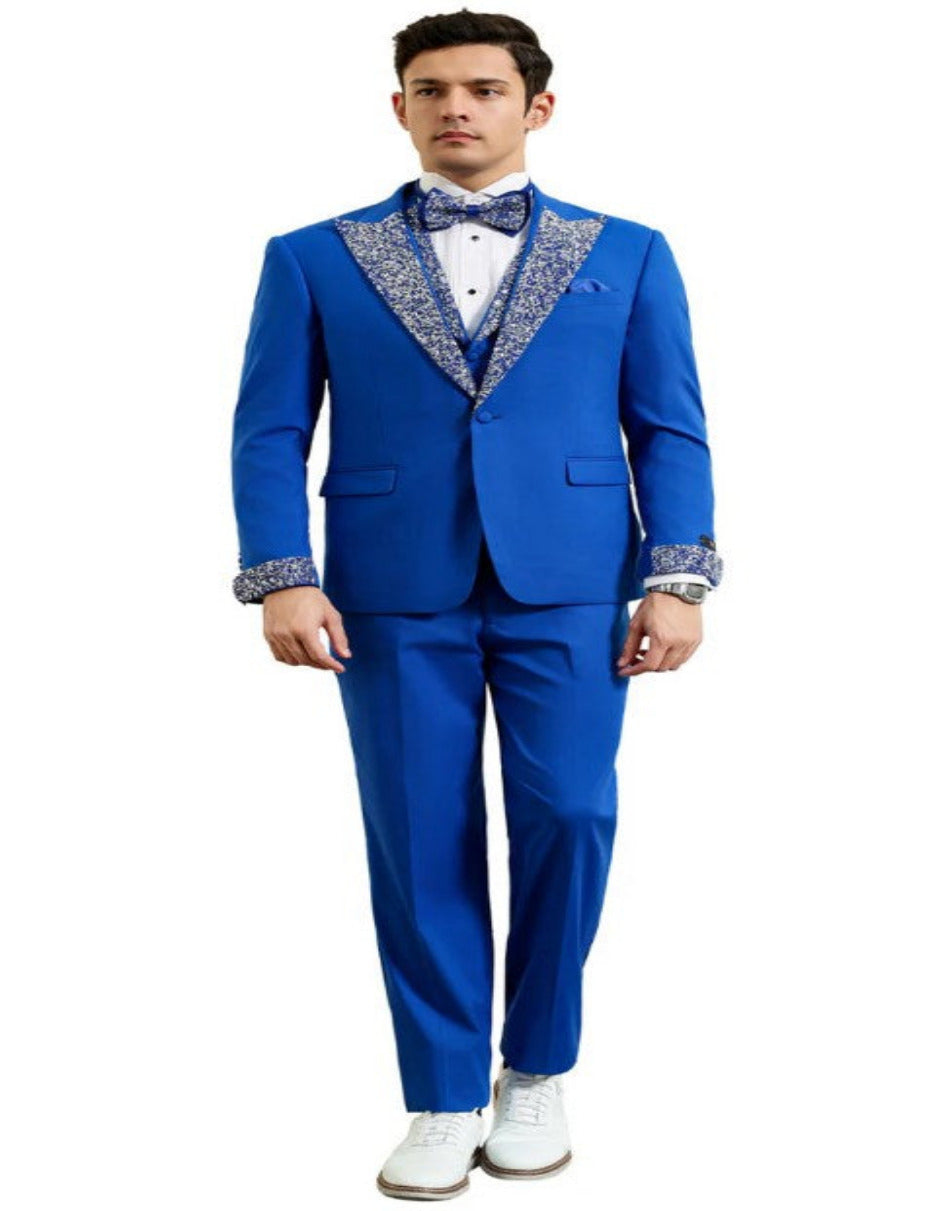 Royal and White Prom Tuxedo - Perfect Wedding Suit Vested rhinestone sequin Lapelled