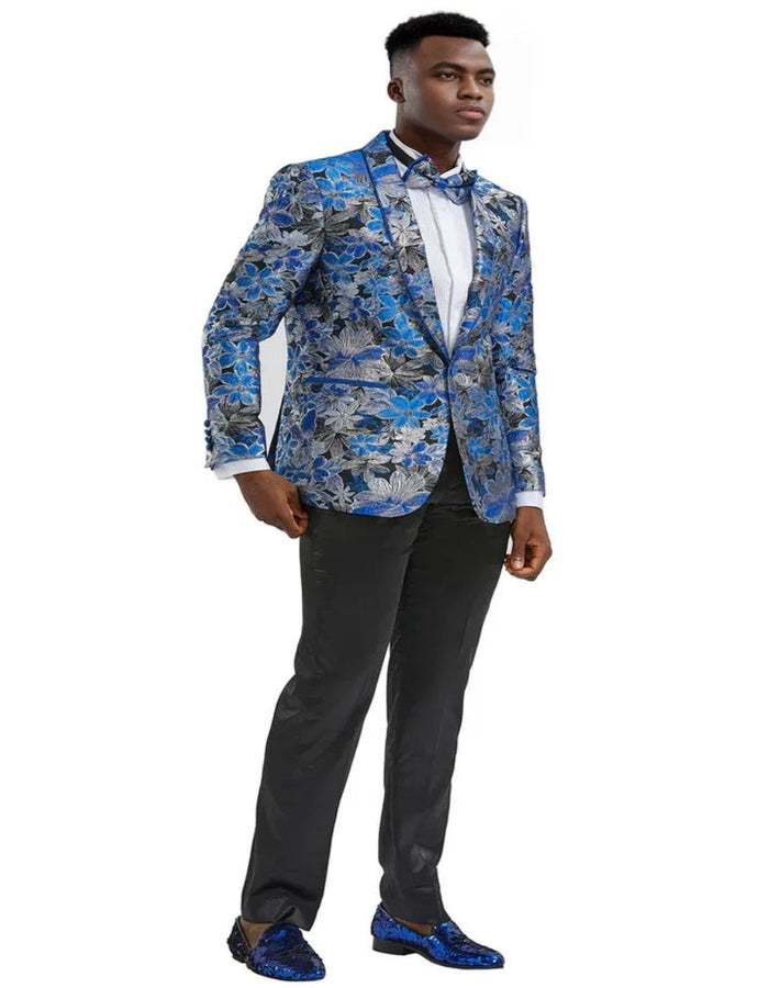 Blue Wedding Tuxedo - Men's Slim Fit Paisley Prom Royal Blue and Black Tuxedo Jacket