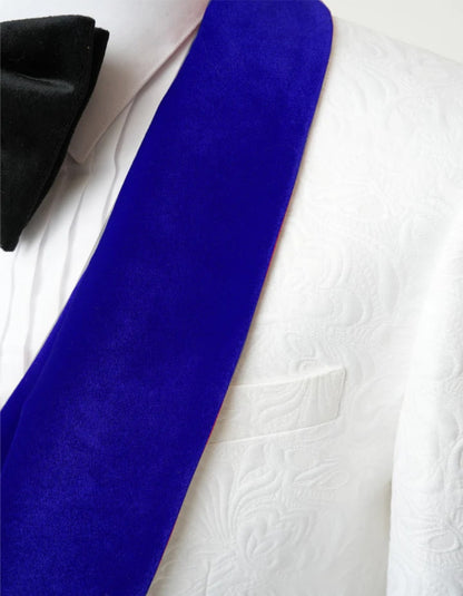 Men’s White Paisley Wedding Tuxedo with Royal Blue Velvet Shawl Lapel, Vested Prom Formal Suit Set