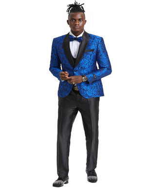 Blue Wedding Tuxedo - Men's One Button Slim Fit Shiny Paisley Floral Vested Royal Blue Prom Tuxedo