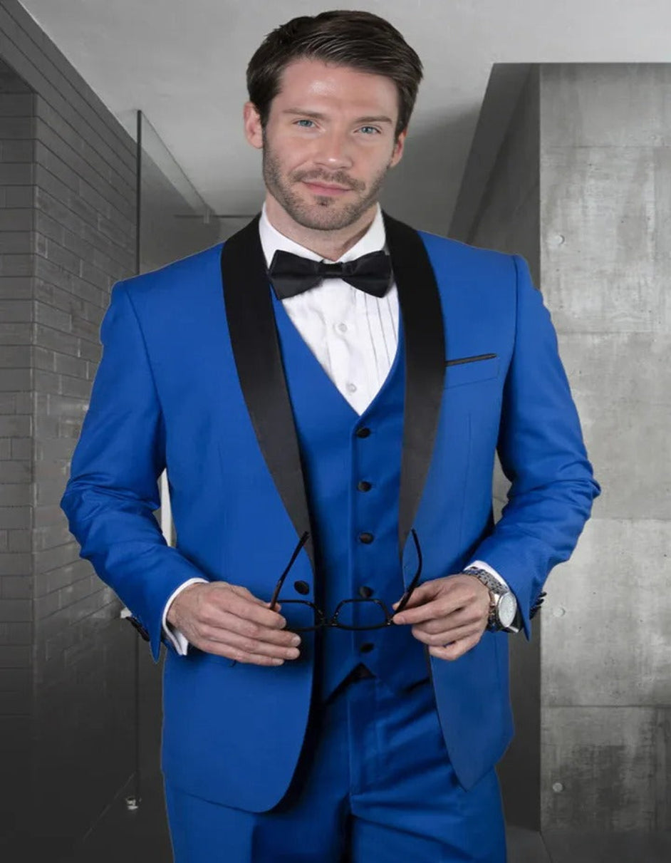 Blue Wedding Tuxedo - Men's Designer Wool One Button Shawl Lapel Wedding Royal Blue Tuxedo