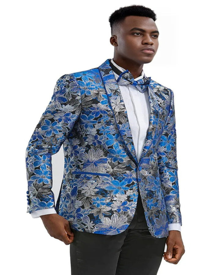 Blue Wedding Tuxedo - Men's Slim Fit Paisley Prom Royal Blue and Black Tuxedo Jacket