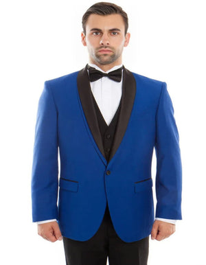 Blue Wedding Tuxedo - Men's One Button Vested Satin Trimmed Shawl Lapel Royal Blue Tuxedo