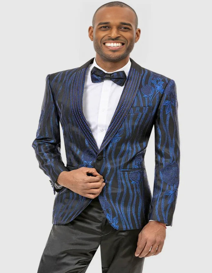 Blue Wedding Tuxedo - Mens Modern Floral & Wave Pattern Prom Black and Royal Blue Tuxedo