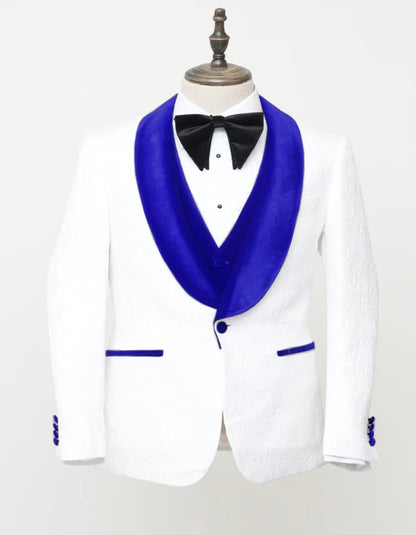 Men’s White Paisley Wedding Tuxedo with Royal Blue Velvet Shawl Lapel, Vested Prom Formal Suit Set