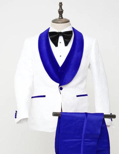 Men’s White Paisley Wedding Tuxedo with Royal Blue Velvet Shawl Lapel, Vested Prom Formal Suit Set