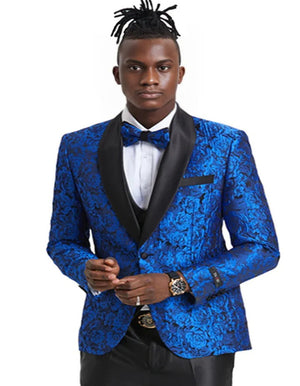 Blue Wedding Tuxedo - Men's One Button Slim Fit Shiny Paisley Floral Vested Royal Blue Prom Tuxedo