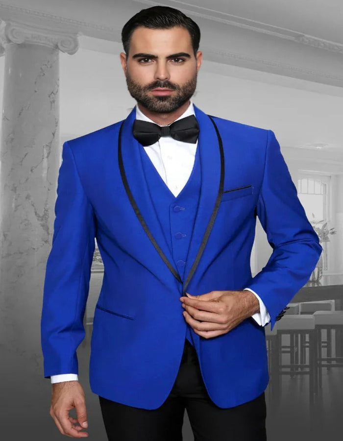 Blue Wedding Tuxedo - Men's Designer Vested Satin Trim Shawl Wedding Royal Blue Prom Tuxedo