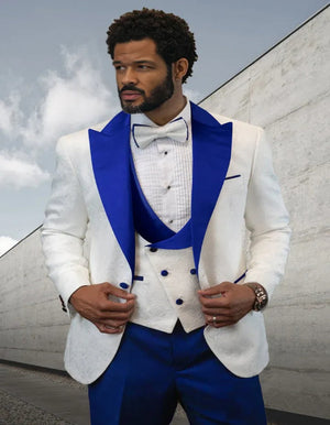 Blue Wedding Tuxedo - Men's Designer Vested Contrast Peak Lapel Wool Wedding White Paisley & Royal Blue Tuxedo