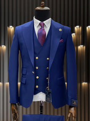 Mens One Button Peak Lapel Vested Wedding Suit with Gold buttons in White