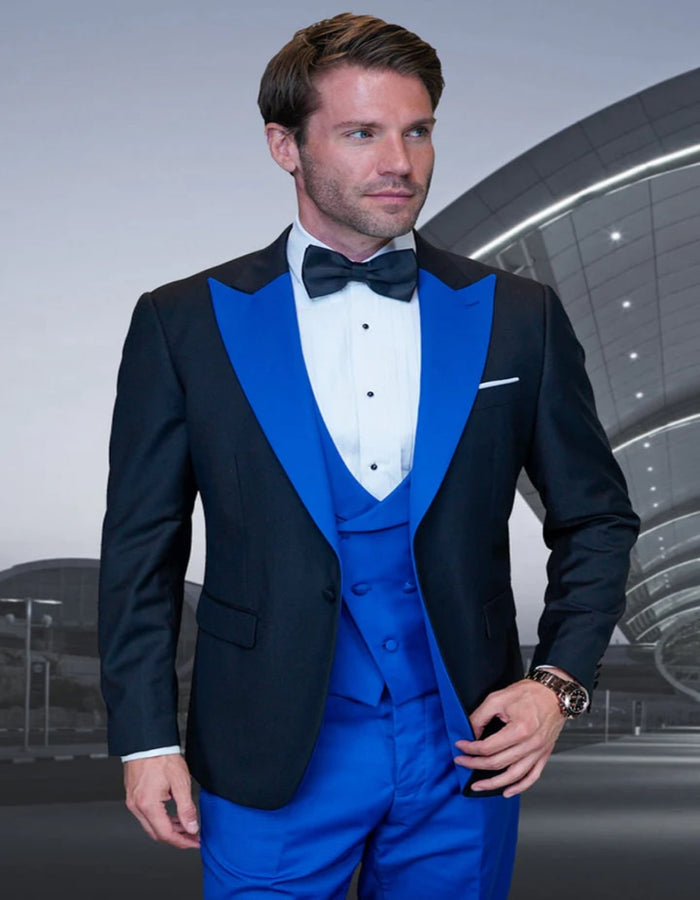Blue Wedding Tuxedo - Men's Designer Vested Contrast Peak Lapel Wool Wedding Black and Royal Blue Prom Tuxedo