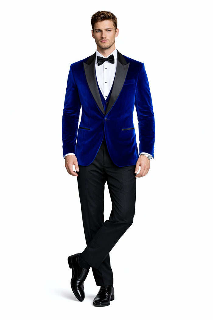 Men's Designer Velvet Tuxedo Dinner Jacket in Dark Royal Blue Big and Tall Prom Tuxedos
