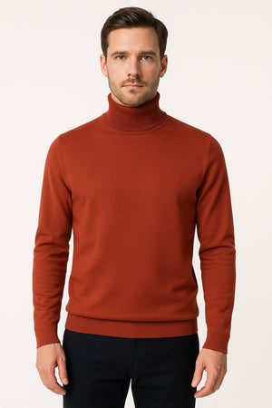 Mens Rust Red Turtleneck Sweater  Slim fit Lightweight Knit Pullover in Brick Color