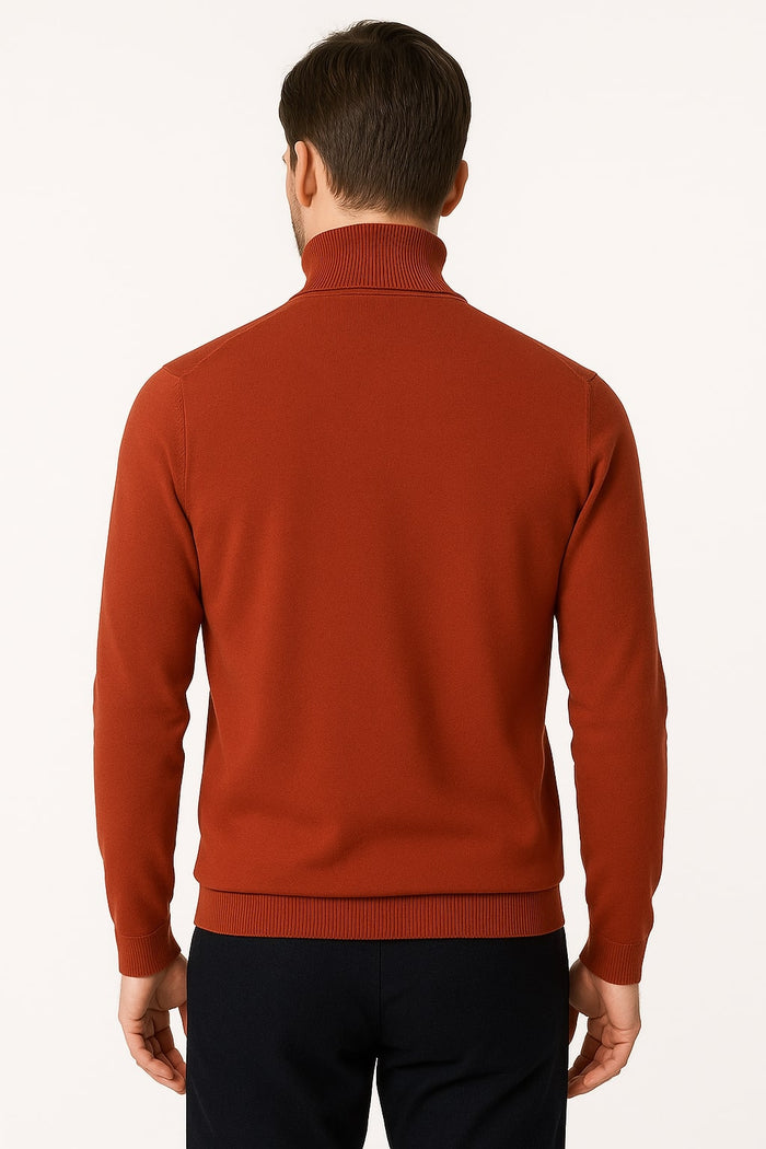 Mens Rust Red Turtleneck Sweater  Slim fit Lightweight Knit Pullover in Brick Color