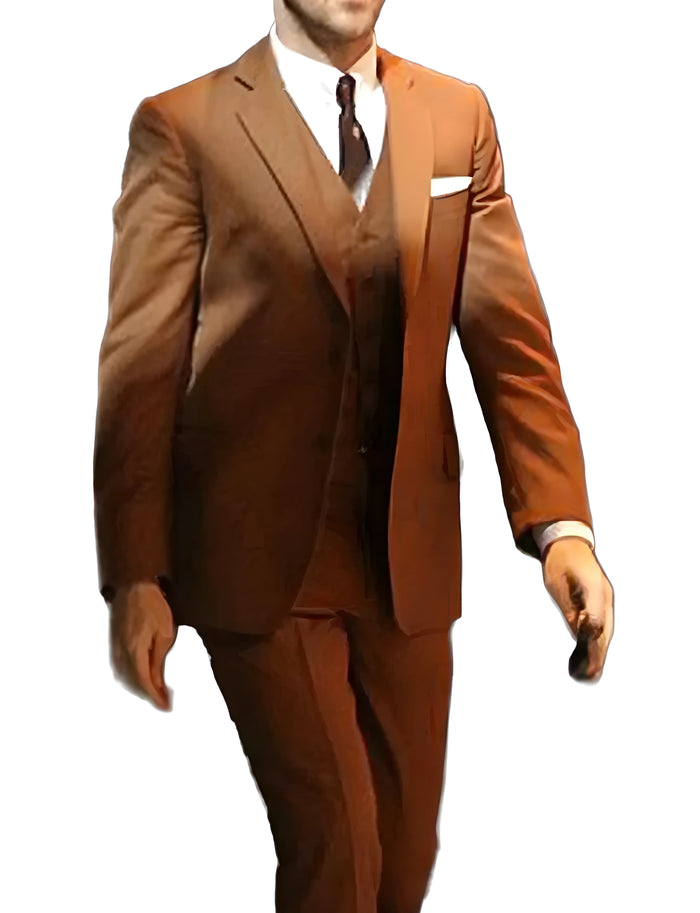 Buy a brown three-piece suit with a notched lapel, V-neck waistcoat, and pointed bottom trousers available in standard size and custom fit.