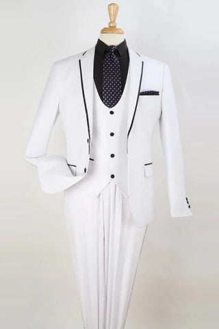 Mens Two Button Slim Fit Vested Prom Tuxedo Suit with Trim in White - Men's Tuxedo USA