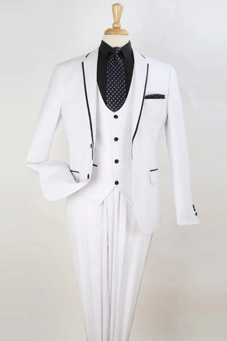 Mens Two Button Slim Fit Vested Prom Tuxedo Suit with Trim in White