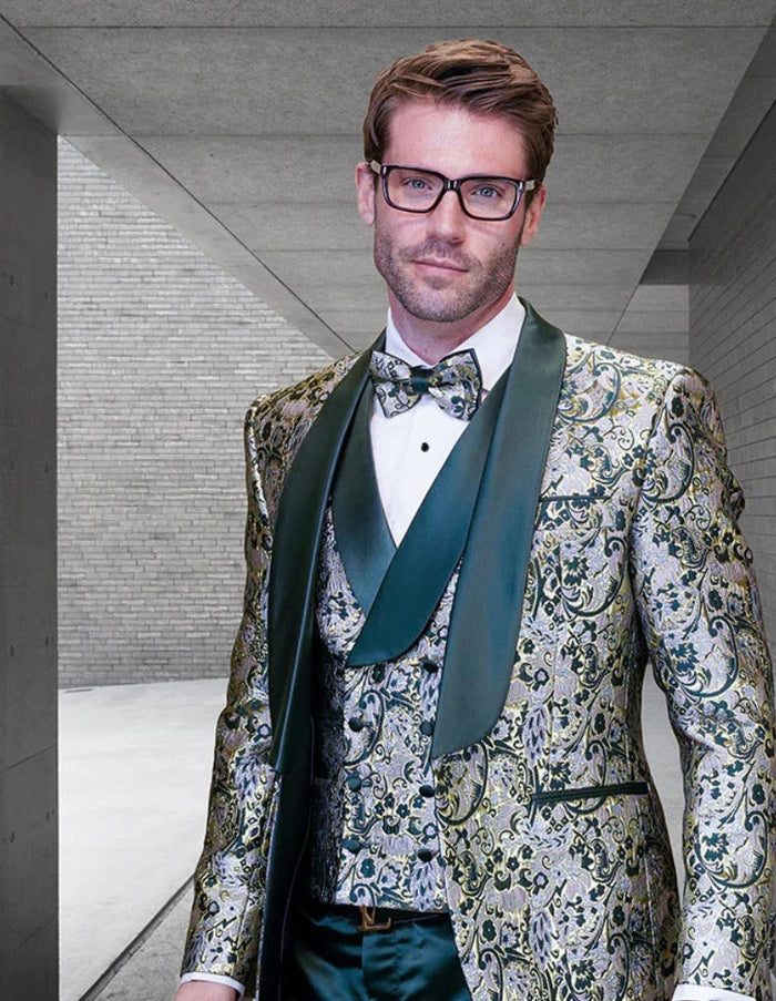 Statement Men's Hunter Green Patterned Vested Tuxedo with Bowtie - Men's Tuxedo USA