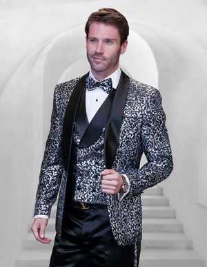 Statement Men's Black Patterned Vested Tuxedo with Bowtie - Men's Tuxedo USA