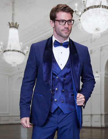 Statement Men's Sapphire Velvet Shawl Lapel Tuxedo with Velvet Vest